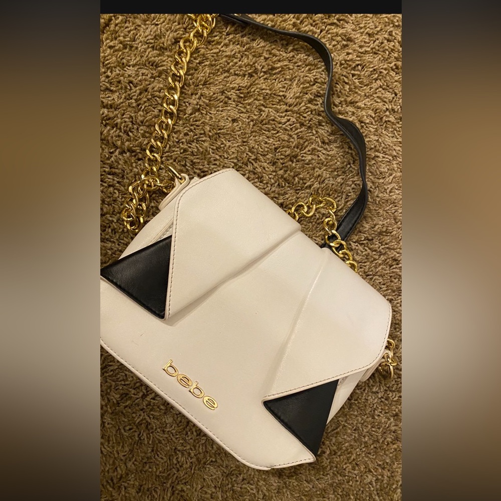 Bebe purse white black leather crossbody ruffle diamond